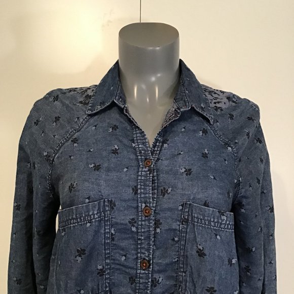 Free People Dottie Over You Chambray Button Up Floral and Plaid Blouse Size S - Picture 2 of 14